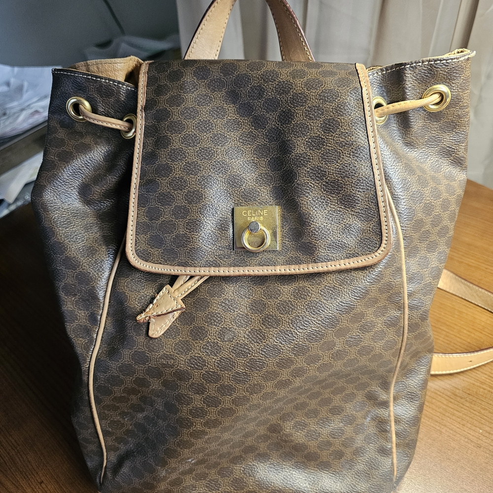 Celine Dark Brown Patterned Backpack With Tan Acc… - image 1